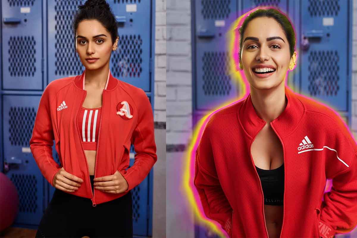 manushi-chhillar-shoot-for-adidas-red-jacket